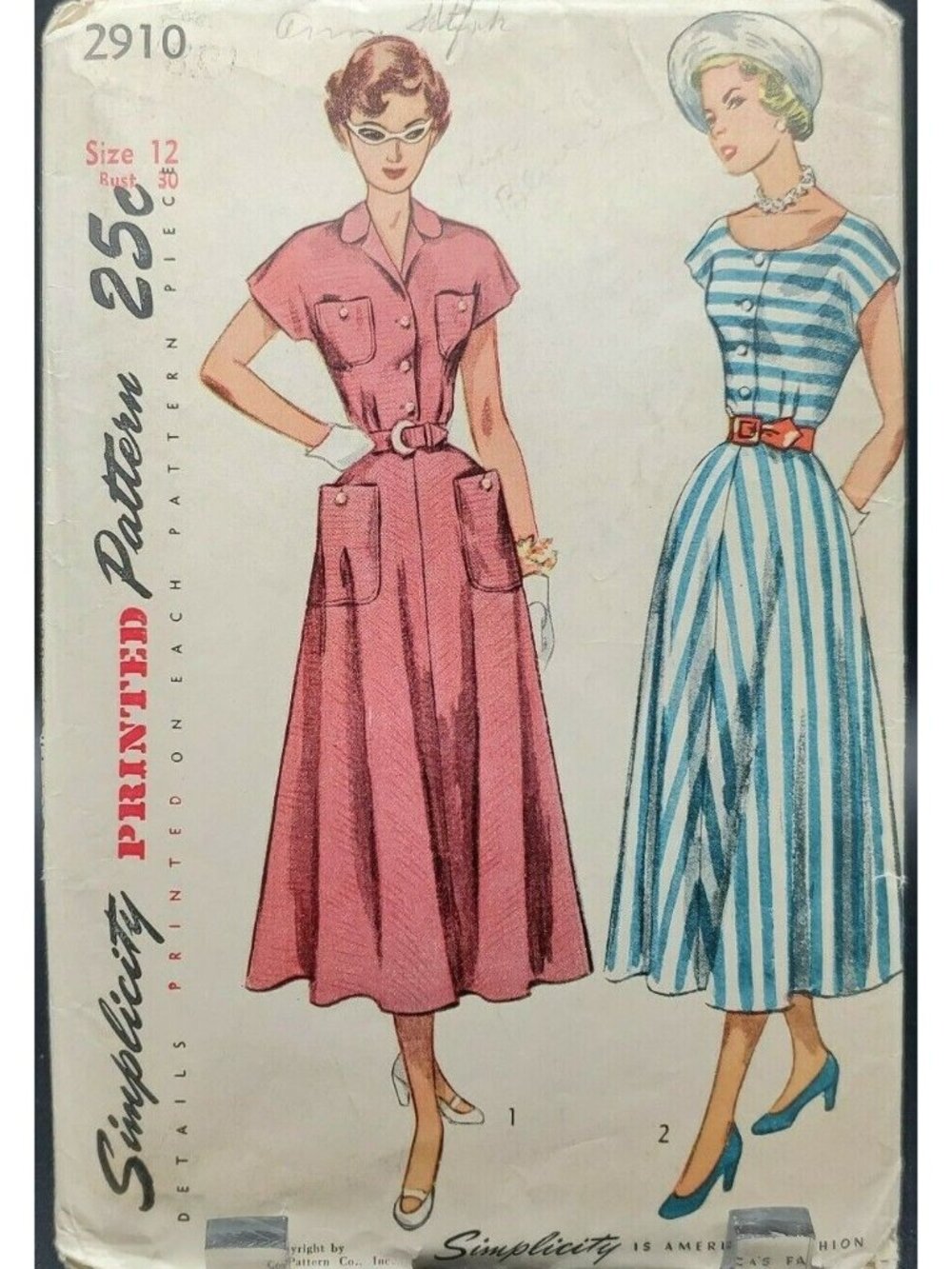 1950s Misses' Dress Pattern One-Piece Size 12 Uncut Simplicity #2910 Vintage